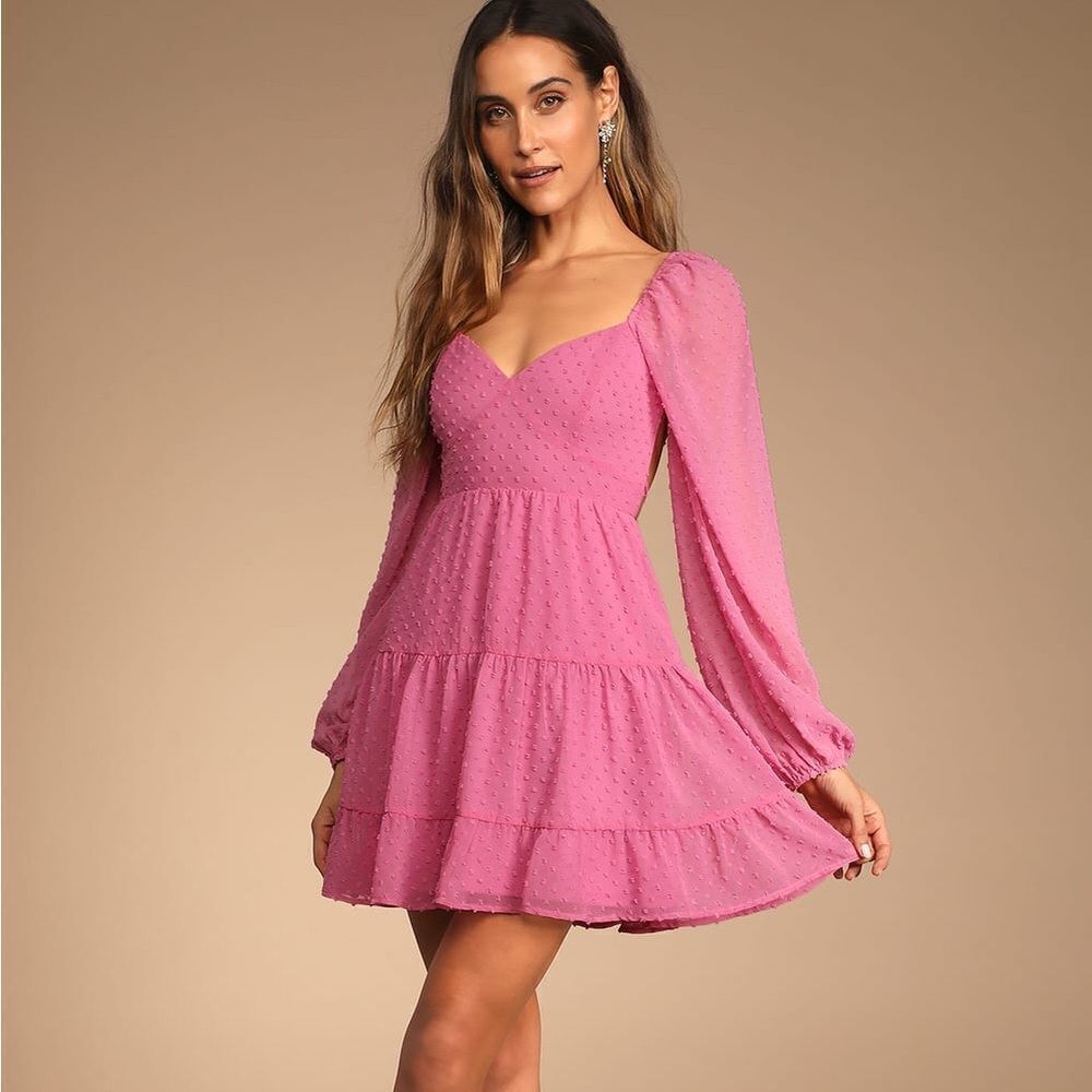Lulus Longing And Love Pink Swiss Dot Puff Long Sleeve Mini Dress Size M NWT